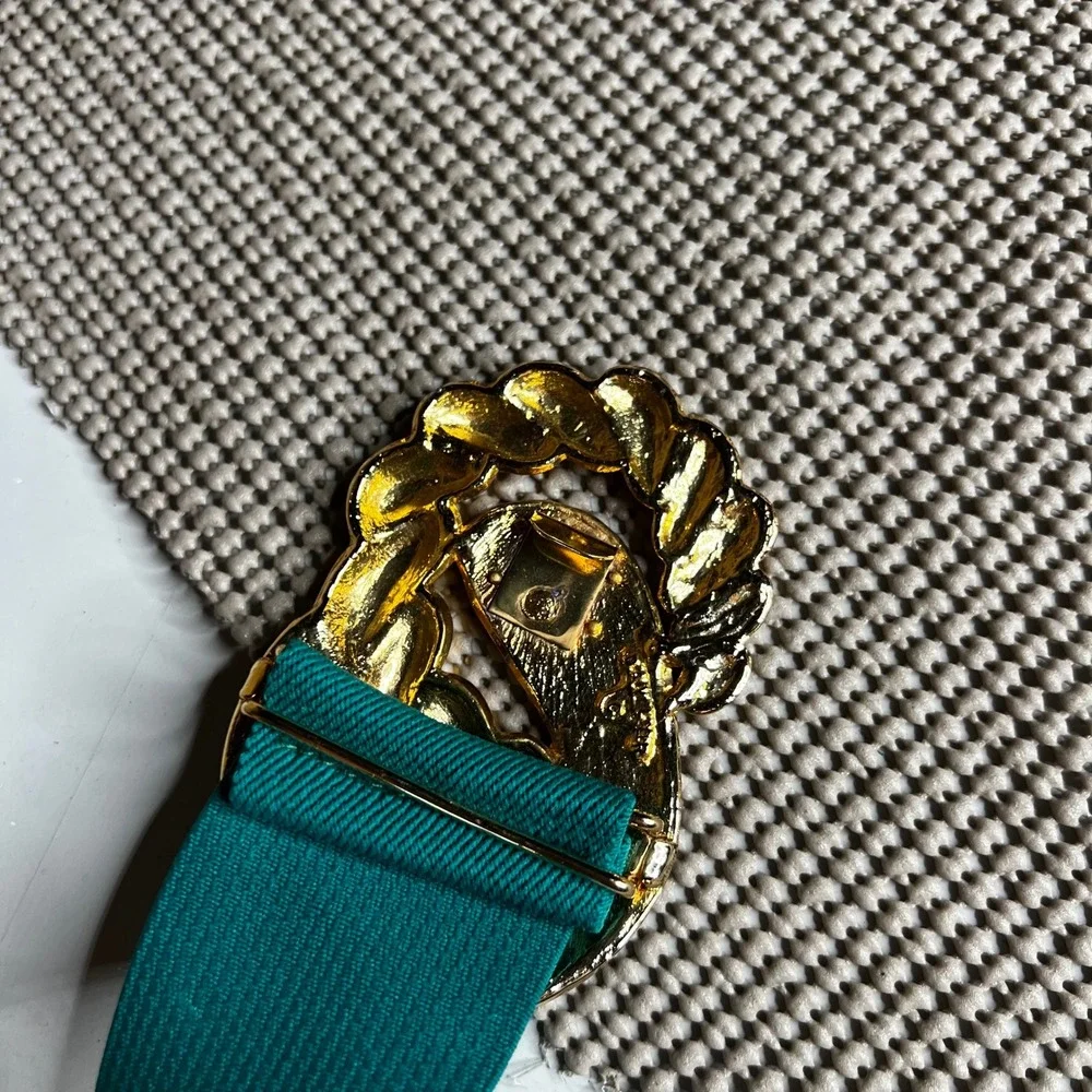 Vintage 80s Teal Green Elastic Cinch Belt Gold Tone Enamel Swirl Buckle Wide 28